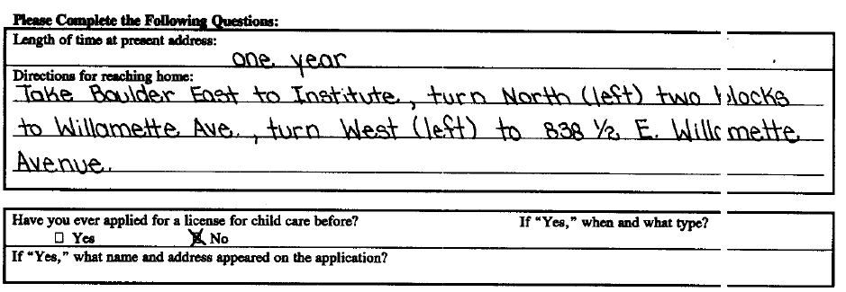 Child day care license application, 2002